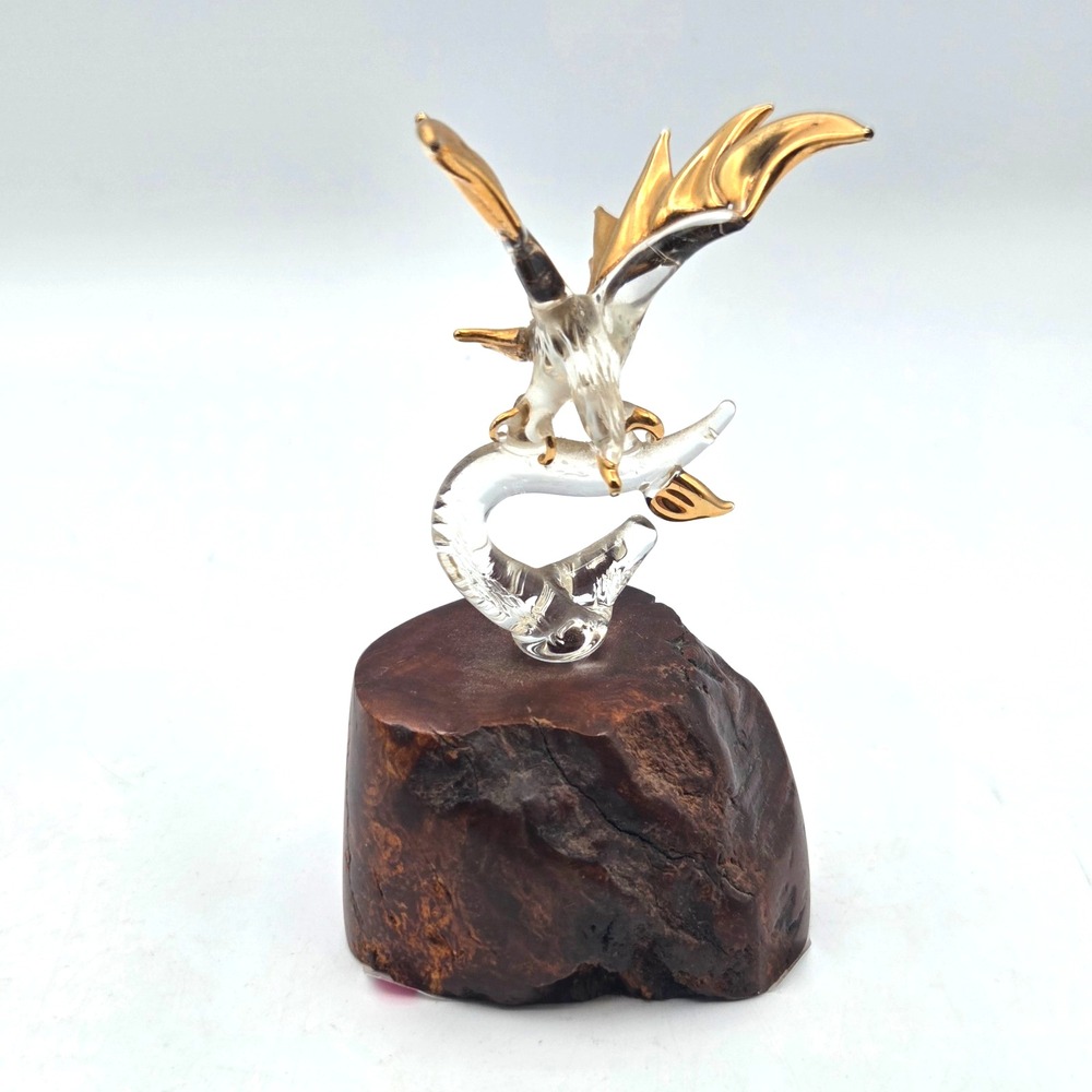 Glass Baron Bald Eagle 22 KT Gold Tipped Wings On Burl Wood‎ Base 4.5" VINTAGE